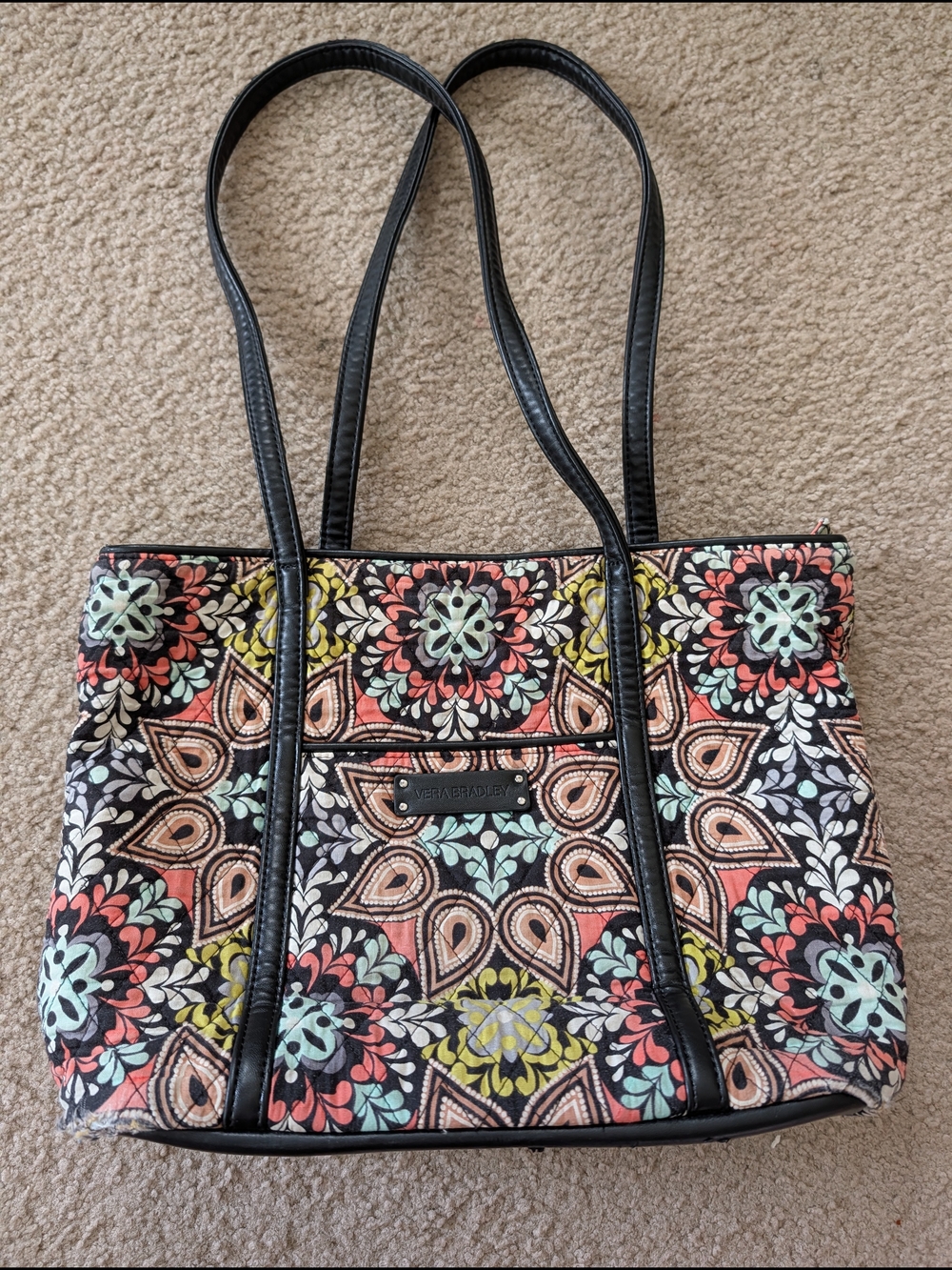 Vera Bradley Floral Quilted Tote Bag in Black Trim with Multicolor Pattern